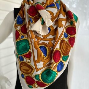 ❣️Chanel jeweled gem silk scarf- multicolored gemstones on cream 38 inch shawl